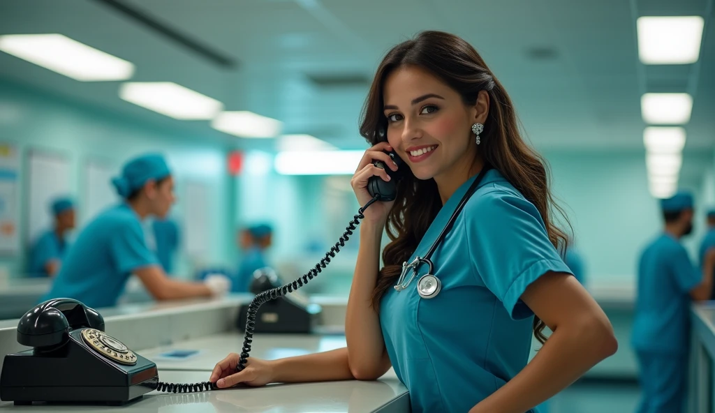 Sexy nurse talk to on call phone big breast