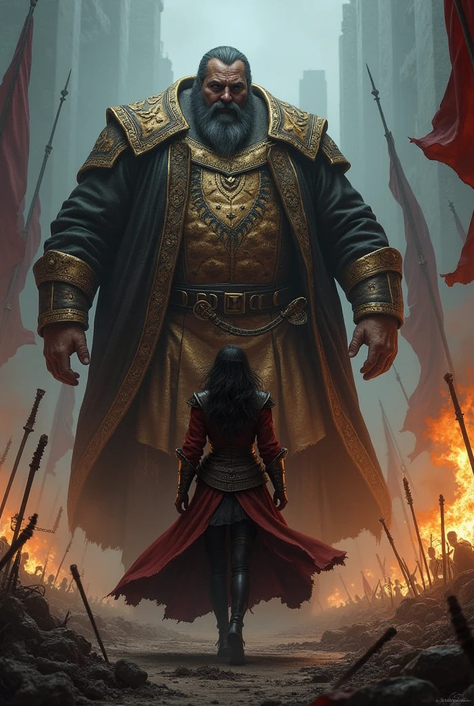 warhammer fantasy style image drawing. of an obese person 2.4 meters tall dressed in medieval bourgeois clothing. who is being decapitated by a female warrior priest in leather armor without a helmet.