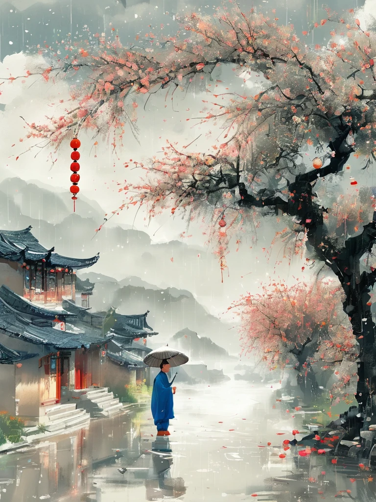 1cgrssh1, Cai GuoRUN's illustration style, Rainy Qingming season, Under a willow tree, A shepherd boy, amidst the rain, points into the distance, indicating the direction to Apricot Blossom Village, spring is full of freshness, rich details, spring scene, flat design, soft colors, vibrant tones, Chinese traditional painting elements, photorealistic, Minimal composition, High saturation and high contrast,rich light and shadow details, sharp contrast and clean lines
