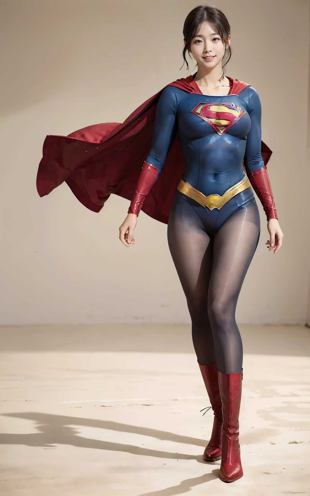 No background、(((Beautiful legs in black tights.)))、(((Legally express the beauty of your smile)))、((((Make the most of your original images)))、(((Supergirl Costume)))、(((Beautiful Hair)))、(((suffering)))、(((Please wear black tights....、Wear red boots)))、((Best image quality、8k))、((Highest quality、8k、masterpiece:1.3))、(((Preserve background )))、Sharp focus:1.2、Beautiful woman with perfect figure:1.4、Slim Abs:1.2、Wet body:1.5、Highly detailed face and skin texture、8k