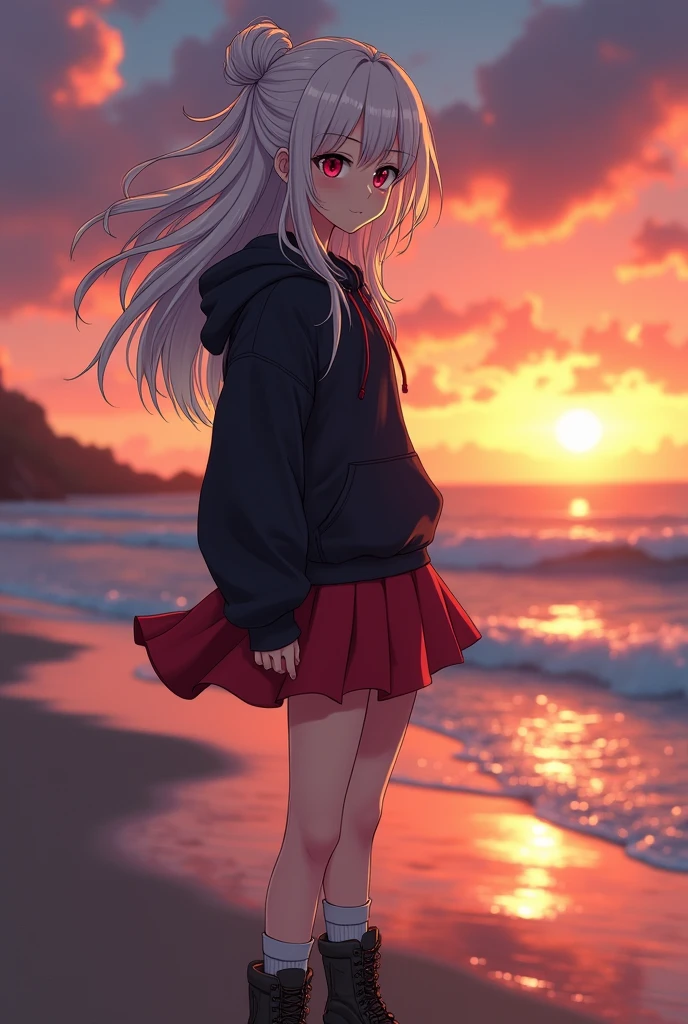 sea, beach, sunset, (lineart) anime scene, nice colors, deep colors, anime shot, nice background, detailed background, ((slightly blurred background)), masterpiece, illustration, intricate detailed eyes, 1girl, 22 years old, medium breasts, slim waist, ((standing)) white hair, ((long hair)), messy hair, spiral ahoge, red eyes, black hoodie, red skirt, bovver boots
