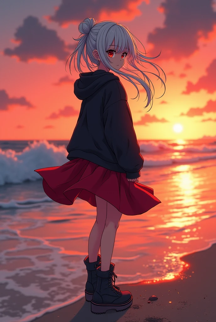 sea, beach, sunset, (lineart) anime scene, nice colors, deep colors, anime shot, nice background, detailed background, ((slightly blurred background)), masterpiece, illustration, intricate detailed eyes, 1girl, 22 years old, medium breasts, slim waist, ((standing)) white hair, ((long hair)), messy hair, spiral ahoge, red eyes, black hoodie, red skirt, bovver boots