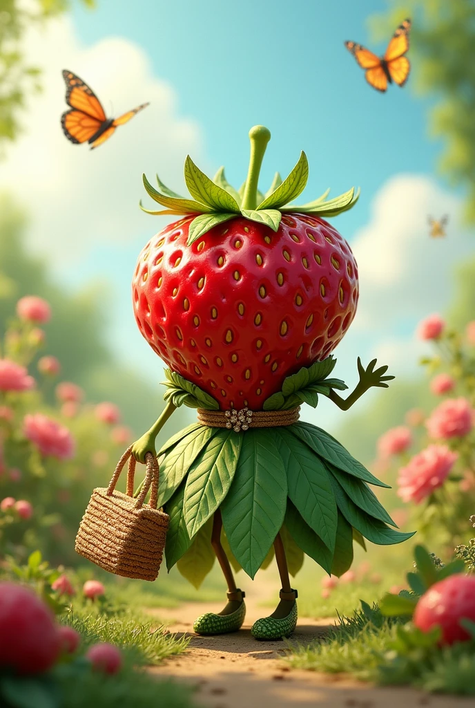 create a strawberry with a woman's dress and a bag