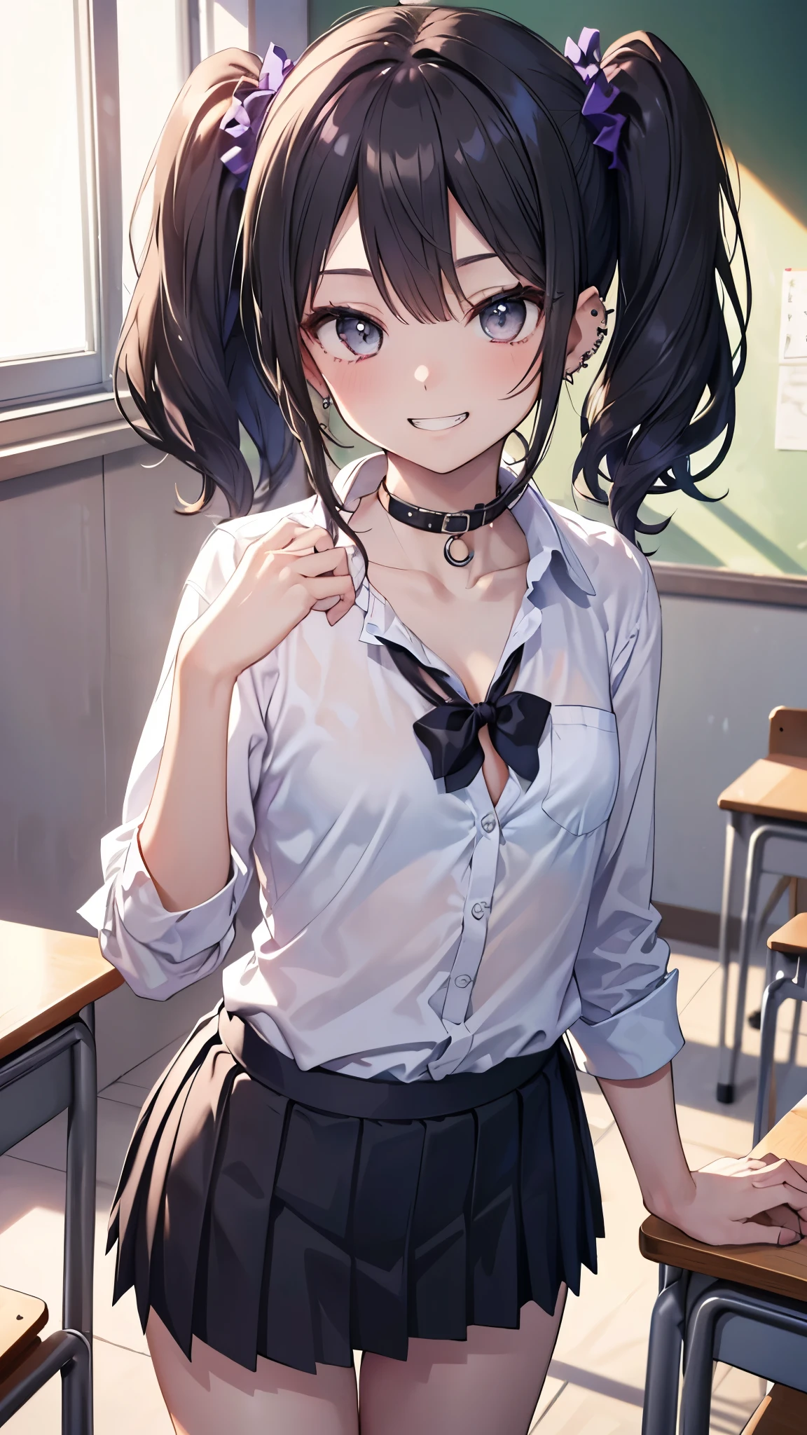 ((masterpiece、Highest quality、Very detailed))、One person、gyaru、Black Hair、Long Hair、twintails、Grey Eyes、evil smile、((Grin))、((lots of piercing))、Small breasts、((White collared shirt))、((clavicle))、cleavage、((Black pleated skirt))、((micro miniskirt))、Cowboy Shot、Classroom Background