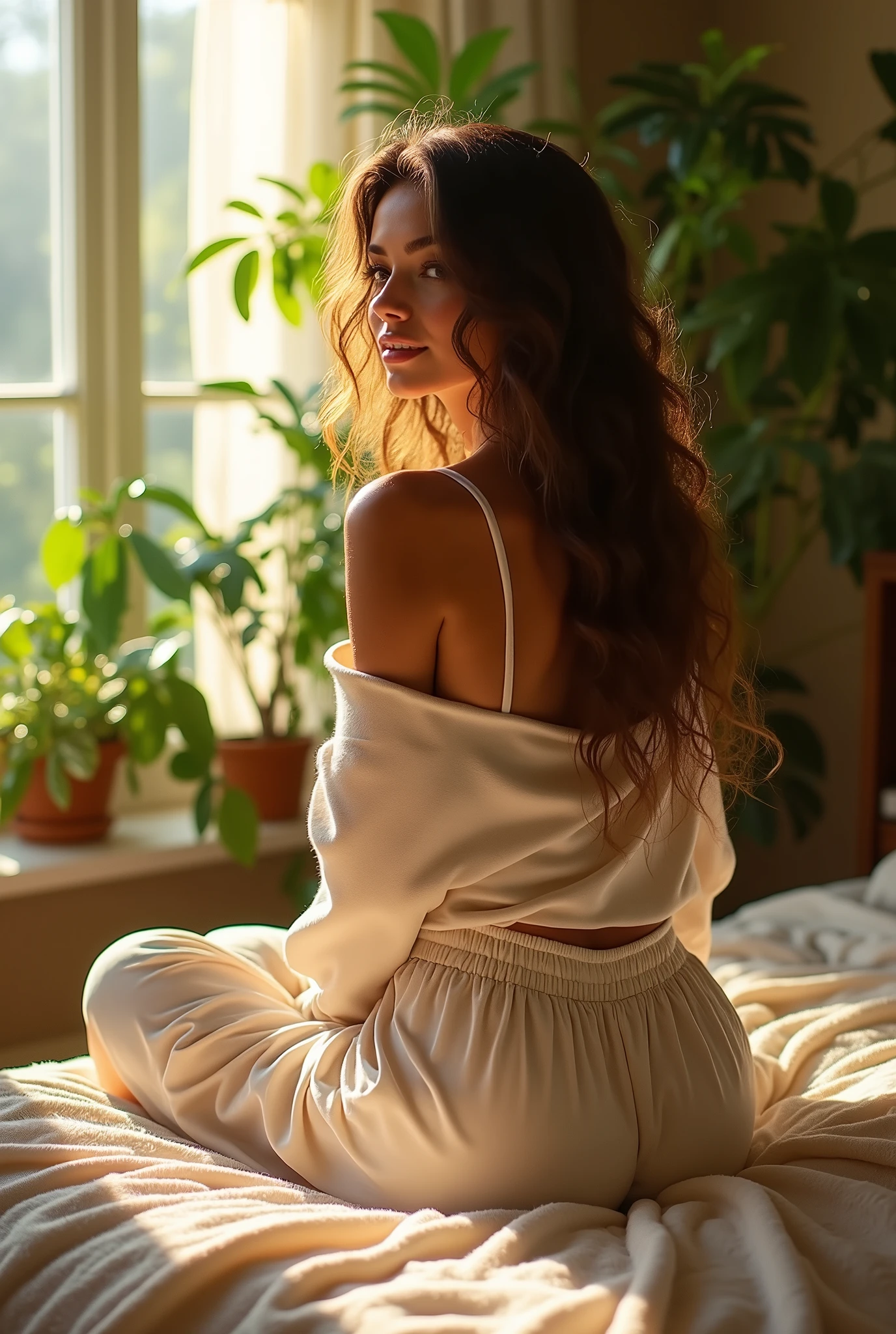 (photorealism:1.2), beautiful woman, sitting on bed, wearing loose off-shoulder top, pajama pants, long curly hair, indoors, soft lighting, plants in background, window with sunlight, cozy room, relaxed pose, realistic, intricate details, warm colors, by Greg Rutkowski, by Alphonse Mucha