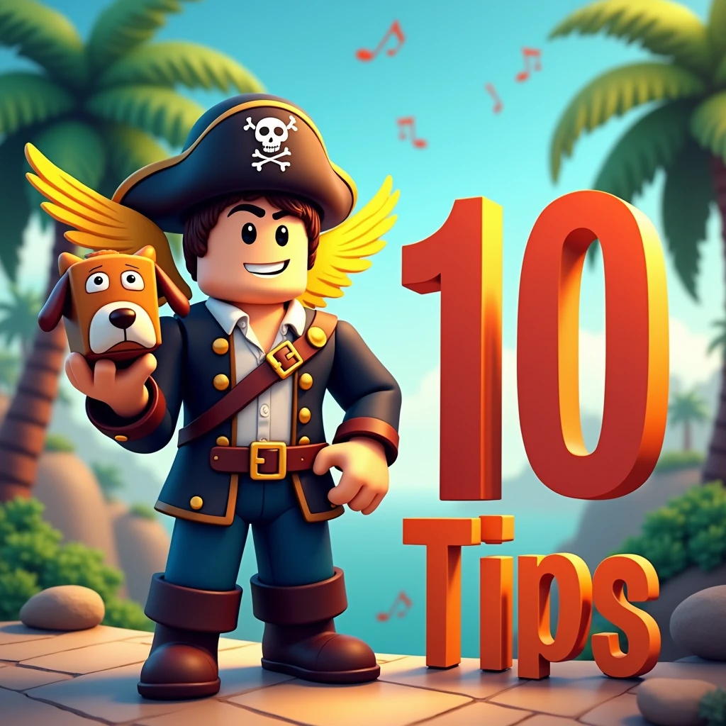 A roblox shaped pirate holding a cube shaped dog's head with small yellow wings behind it. On the right side of the pirate there is the number 10. On the right side of the pirate under the 10 it says Tips. And behind the pirate there is a background with medieval windsongs