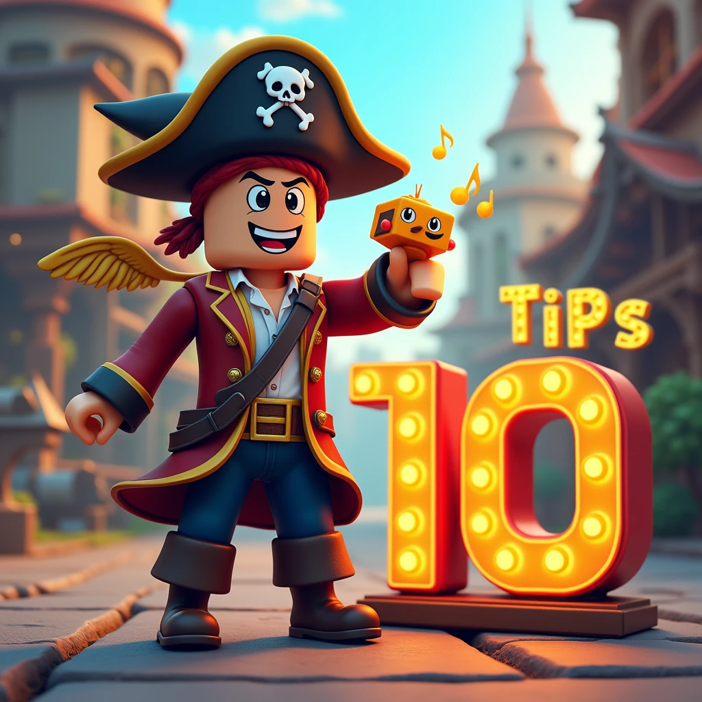 A roblox shaped pirate holding a cube shaped dog's head with small yellow wings behind it. On the right side of the pirate there is the number 10. On the right side of the pirate under the 10 it says Tips. And behind the pirate there is a background with medieval windsongs