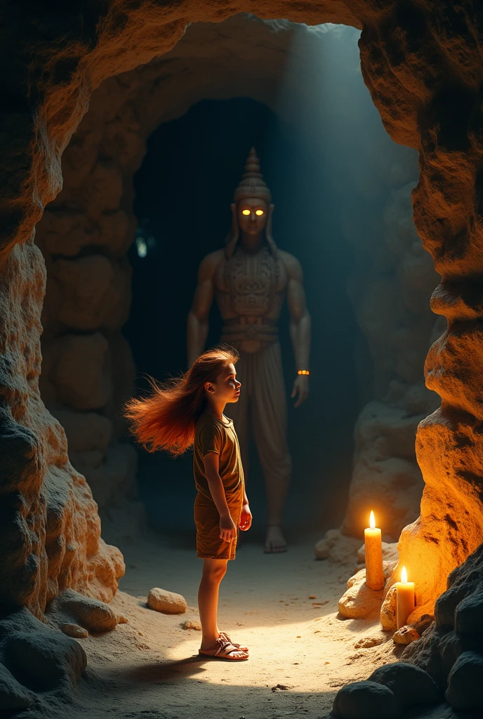 A tall girl in a cave with a wooden saint and an Indian behind a niche with a shadow