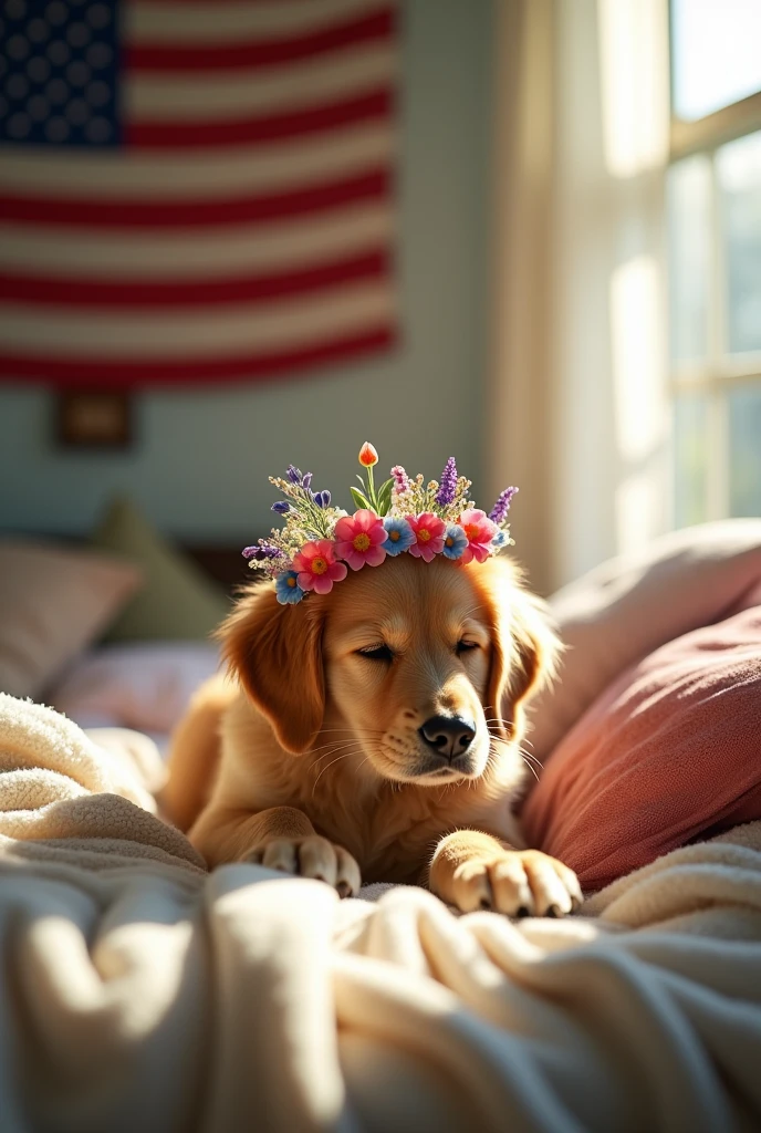 Make a dog lying on a bed and having flowers on her head and dreaming about a policeman and the US flag in the background and with the title Dreaming of my Major