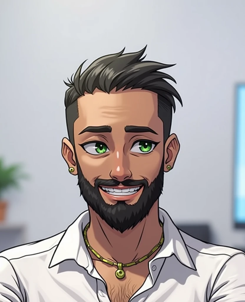 Create a semi-realistic image of a young male character in anime style, aged between 24 and 29 years, dressed in black clothes. He should be sitting in a modern editing studio, facing forward with a slight, confident grin, making direct eye contact with the viewer. The character must appear as an approachable and relatable YouTube video creator, surrounded by YouTube-related elements in the background and visible to anyone viewing the image, like play buttons or channel icons, along with various editing tools, like a computer, keyboard, and graphics tablet. The studio should have a dark theme with subtle details, matching lighting that highlights the green of their clothing and adds depth to the scene. The character must have a realistic appearance, but inspired by anime, suitable to be the face of a YouTube channel."