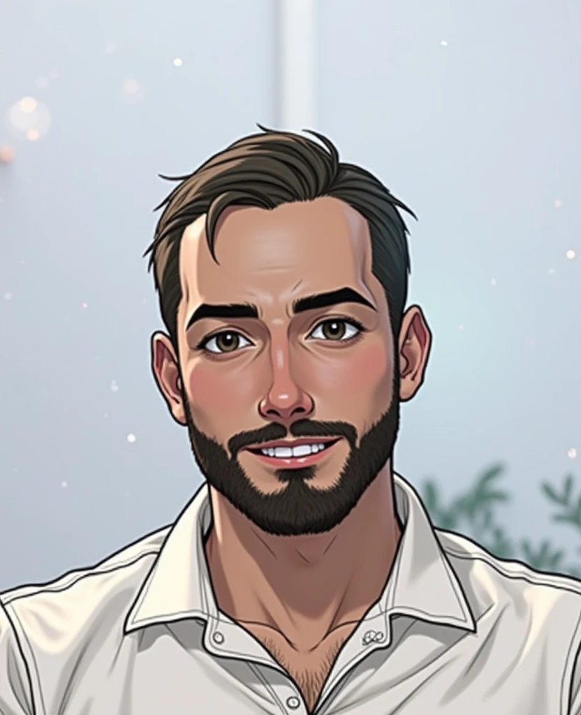 Create a semi-realistic image of a young male character in anime style, aged between 24 and 29 years, dressed in black clothes. He should be sitting in a modern editing studio, facing forward with a slight, confident grin, making direct eye contact with the viewer. The character must appear as an approachable and relatable YouTube video creator, surrounded by YouTube-related elements in the background and visible to anyone viewing the image, like play buttons or channel icons, along with various editing tools, like a computer, keyboard, and graphics tablet. The studio should have a dark theme with subtle details, matching lighting that highlights the green of their clothing and adds depth to the scene. The character must have a realistic appearance, but inspired by anime, suitable to be the face of a YouTube channel."