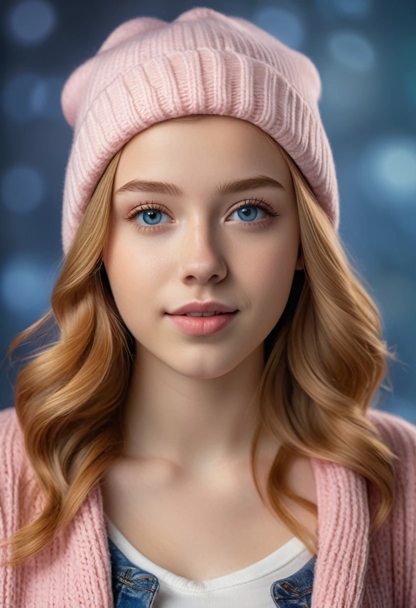 A young lady rs, with long strawberry blonde hair, wavy hair. She is wearing a cropped pink sweater, with blue jeans. She is wearing a white beanie. Looking directly into the camera. She has tan skin and braces, constricted pupils, parted lips, large breasts, perfect lips, perfect nose, cute face, Hyperrealism, cinematic lighting, jpeg artifacts, bust chart, full body view, bokeh, textured skin, UHD, best quality, masterpiece, high details