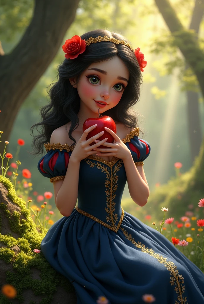 snow white, ultra realisitic, eating an apple