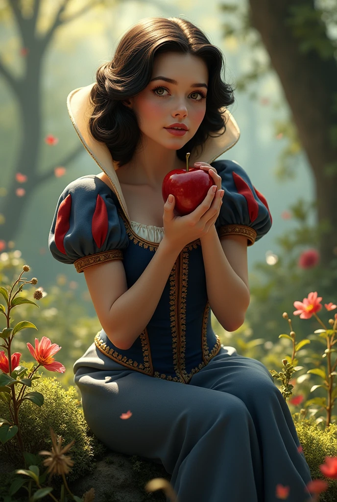 snow white, ultra realisitic, eating an apple