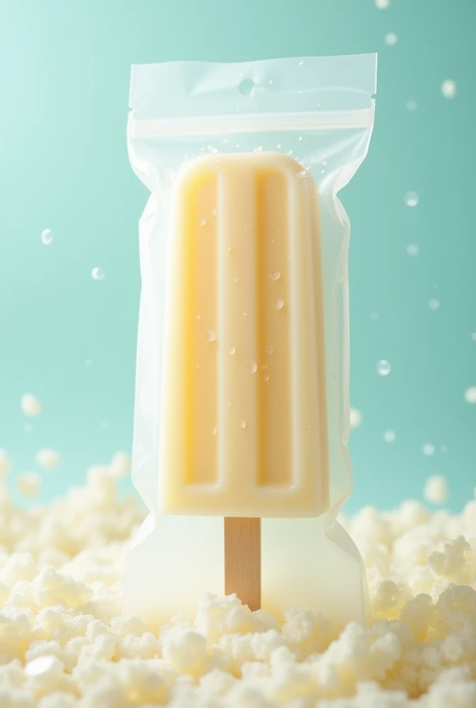 Take a photo of a product, a milk-flavored ice pop with agave in a transparent bag packaging 

 