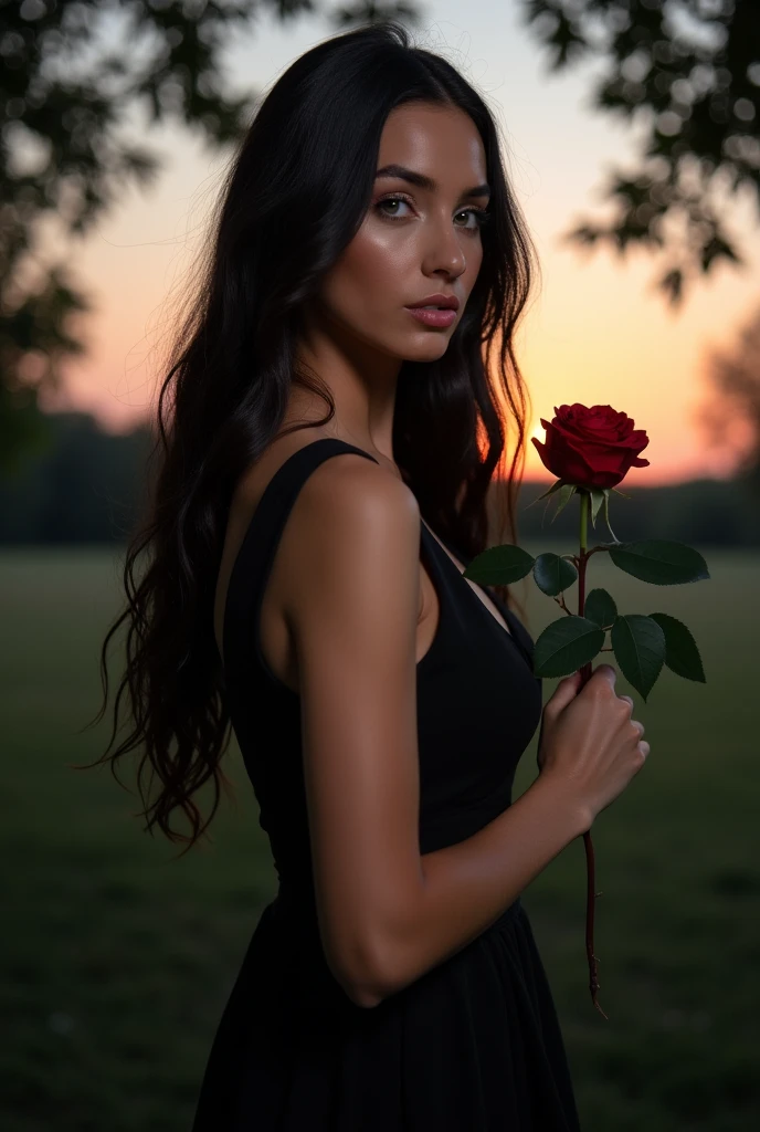 beautiful woman in a black plunging evening dress , long dark hair , green eyes. Holding a rose during dusk