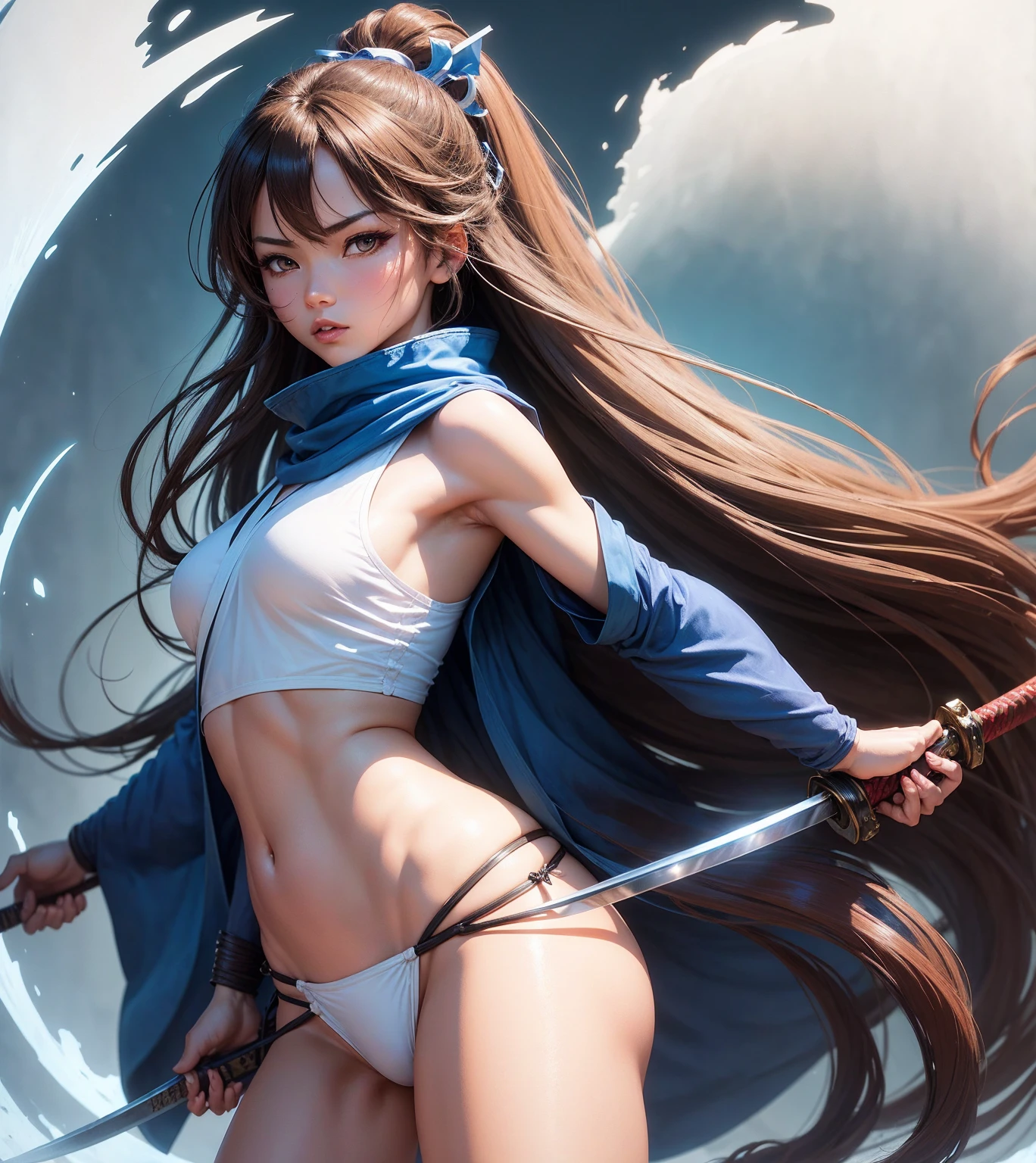 Kizi, in battle stance, standing backwards, a shiny katana (holding it by the handle), very long brown hair, blue colored eyes, skinny, short blue kimono, big-ass, white loincloth (I&#39;m in the shape of a t) with ropes, white lace thigh high stockings, cinematic light, Trees, waterfall, Chinese shrine, blue sky, white clouds,