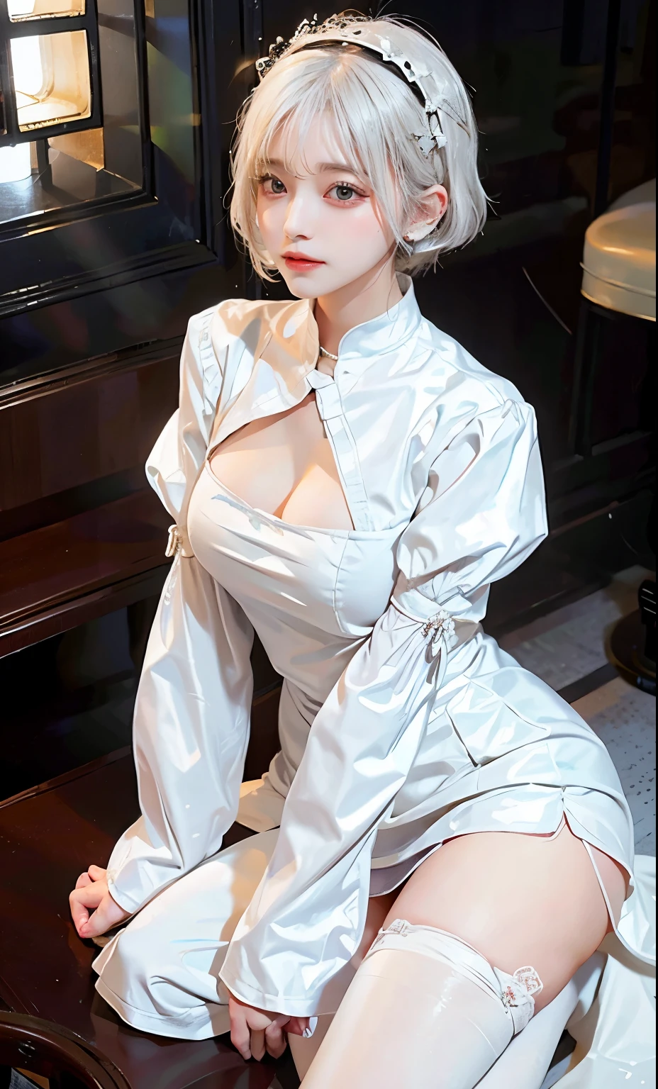Top image quality、Raw photography、超A high resolution、18-year-old Korean、Glasses beauty、Colossal tits:1.6、Healthy complexion、shiny white skin、((bright white hair、bright silver hair、Shortcut Hair))、Beautiful eyes with random colors、very thin lips、beautiful eyes finely detailed、elongated eyes、pale pink blush、long eyeslashes、Beautiful double eyelids、eyeshadows、耳Nipple Ring、(Fashionable glasses、breast curtains、qipao dress、Big breasts:1.6、Beautiful legs、Attractive thighs、Healthy skin)、Cute little girl s