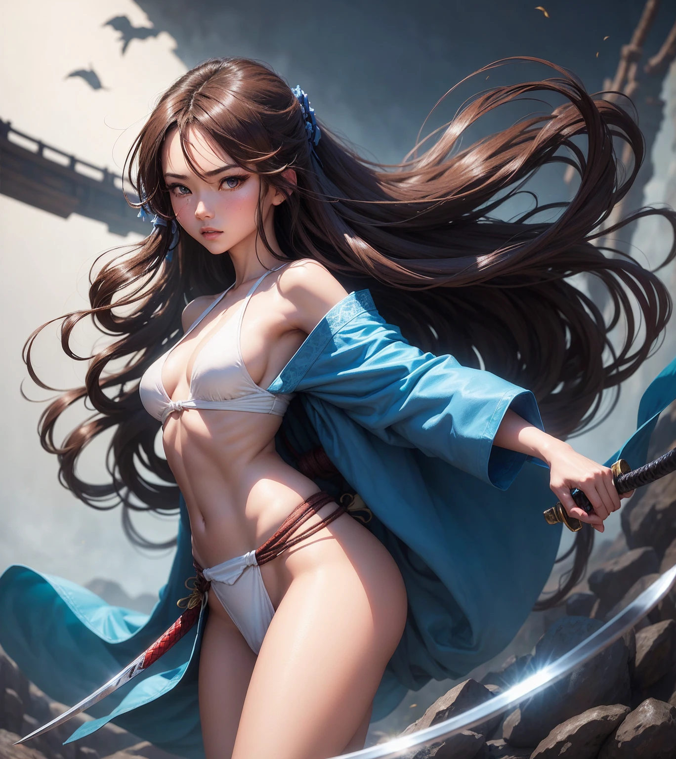 Kizi, in battle stance, standing backwards, a shiny katana (holding it by the handle), very long brown hair, blue colored eyes, skinny, short blue kimono, big-ass, white loincloth (I'm in the shape of a t) with ropes, white lace thigh high stockings, cinematic light, Trees, waterfall, Chinese shrine, blue sky, white clouds,