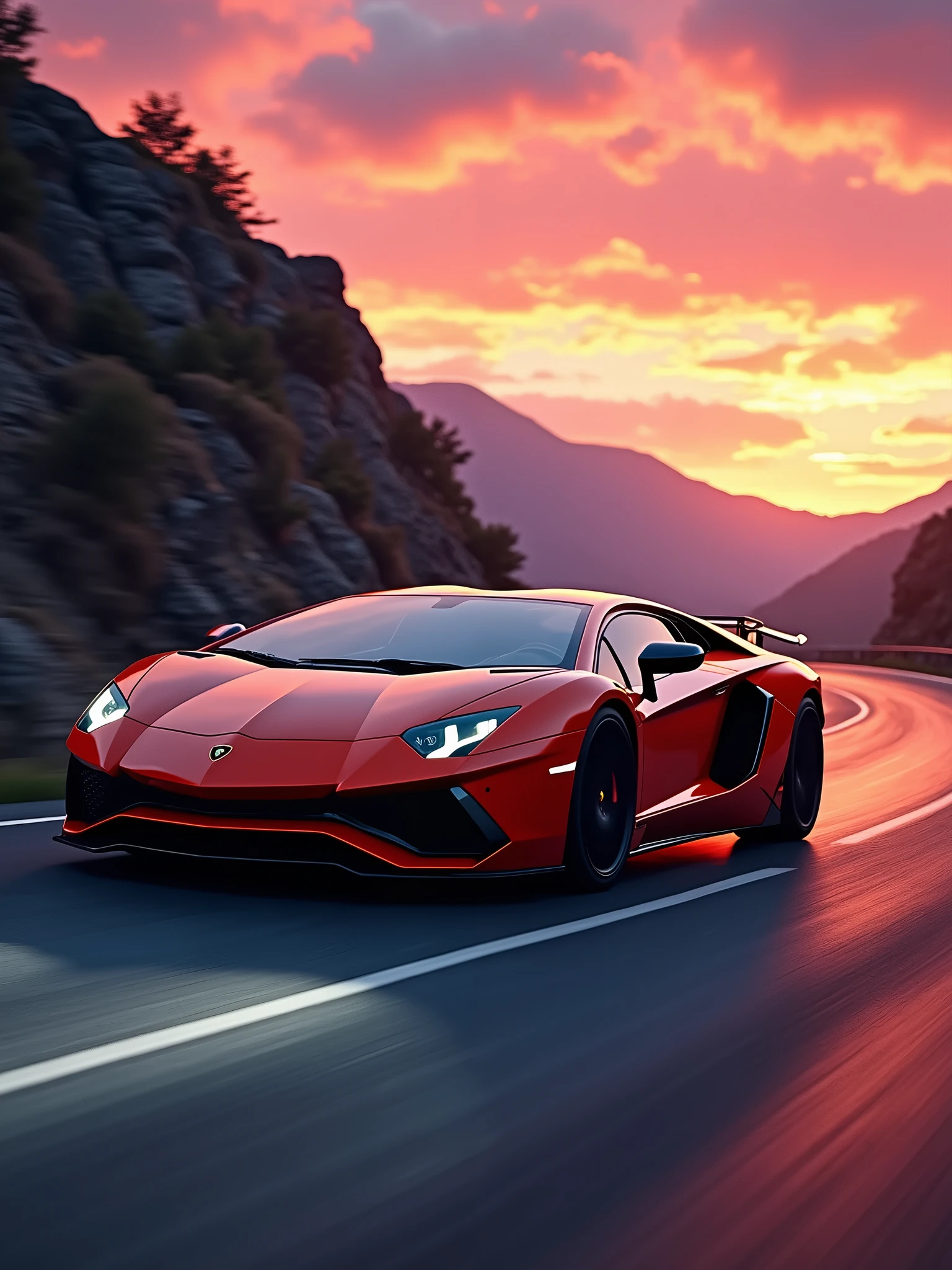 Capture the essence of speed and luxury with a Lamborghini Aventador racing through a winding mountain road at dusk. Showcase its (sleek:1.3) and (aerodynamic:1.2) silhouette, (striking:1.1) angular design, and (glossy:1.1) paint. Illuminate the scene with vibrant colors and dynamic lighting to convey a sense of exhilaration.