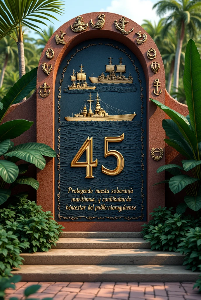 create a highly solemn plaque, with warships and naval sailors commemorating the 44th anniversary of the naval force of Nicaragua with the message in Spanish Castilian of Nicaragua "Protecting our maritime sovereignty and contributing to the well-being of the Nicaraguan people"