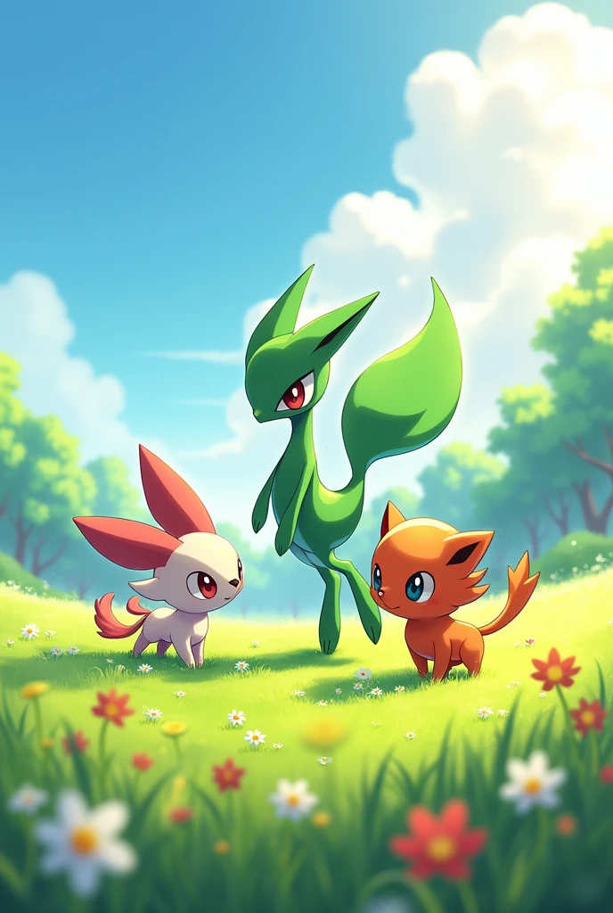 generates a green meadow in which there are 3 pokemon (2 ralts following a gardevoir) Walking happily with a clear and radiant sky