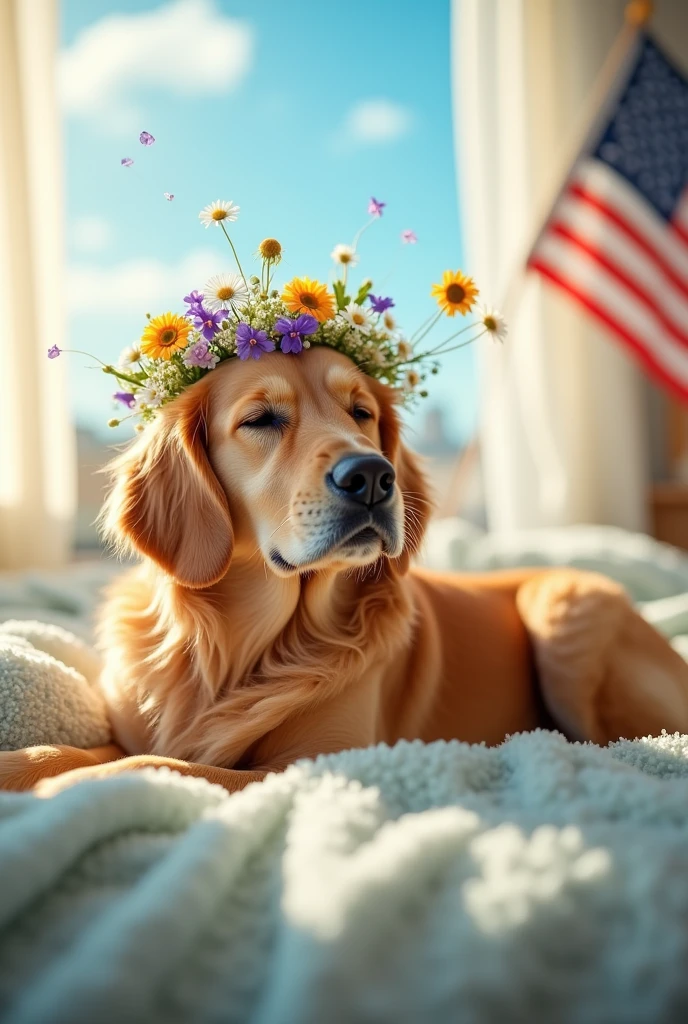 Make a dog lying on a bed and having flowers on her head and dreaming about a policeman and the US flag in the background and with the title Dreaming of my Major