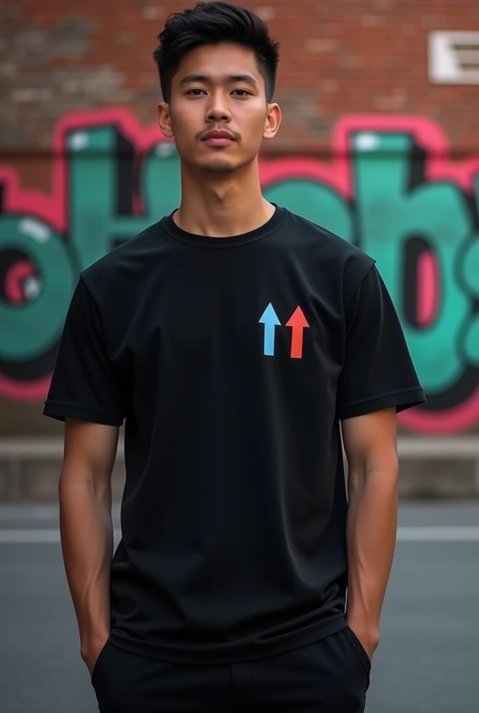 a black shirt, with a small blue upward pointing arrow in the upper right corner and next to it a red downward pointing arrow