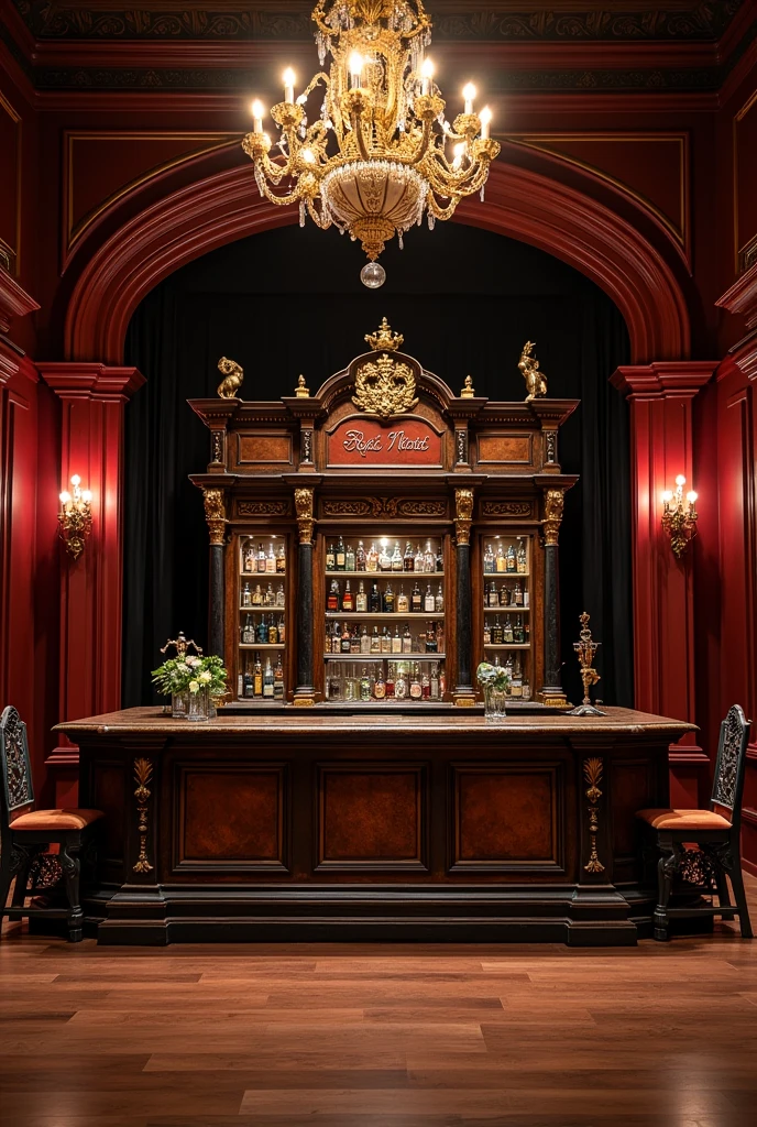 Inside the large theater stage A large 18th century rustic bar with antique red and black details, the counter located in the middle, an antique sideboard from the 18th century and the name "midnight bar" in brazilian portuguese. two tables, left and right with 3 chairs each. An imperial chandelier in the center.