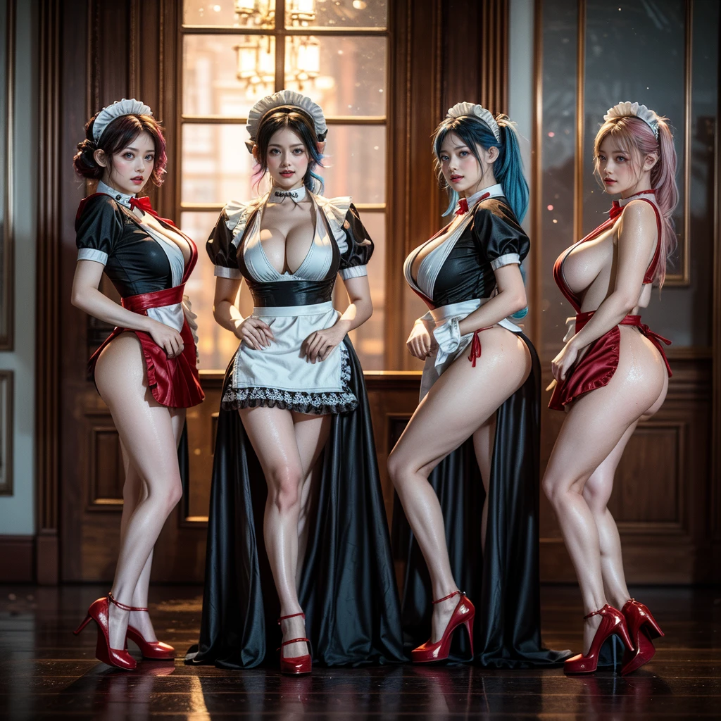 (Full Body of Extremely Detailed((Sexy Maid Group in a row:1.37))), KAWAII perfect face with Reflective Eyes, Detailed(Delicate Clothing textures), Correct Graceful Legs, Dynamic Joyful Expressions LifeLike Rendering, Specular Reflection, TopQuality 8K Ultra-detailed masterpiece (ProfessionalPhoto:1.37), (Acutance:0.8), (Luminism:1.28), Renaissance art style, Colorful Light particles, (Full body from side) {MicroMini Skirt|Kissing Face to Face|Thigh Gap|Cute Peach AssFocus|(NakedApron with (Overflowing Sideboob))}, Radiant Fine Skin with Transparency, {Pink Hair|LightBlue Hair|Blonde|Pure White Hair|Liquid Hair|Red Shoes}, Perfect Lighting