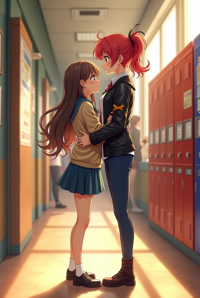 A junior high school girl who is embarrassed by being hugged from behind by a high school girl