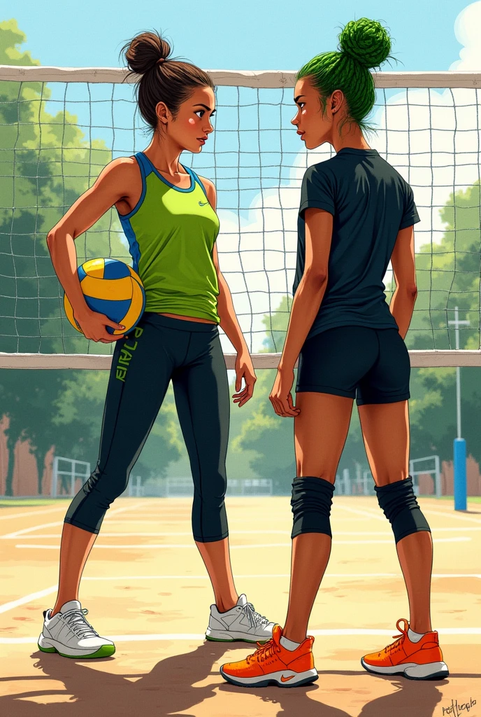 A detailed watercolour illustration of two female Brazilian volleyball players facing each other at the net. The first player has fair skin, dark brown hair tied in a bun, wearing a green tank top with blue accents, short black leggings, and white sneakers. She is holding a volleyball and gazing intently at the second player. The second player has light brown skin, green braids tied in a bun, wearing a short-sleeved black t-shirt, black leggings, and orange basketball shoes. Both players are clearly female, with athletic builds, standing on a volleyball court with a net between them, in a warm, softly lit environment.