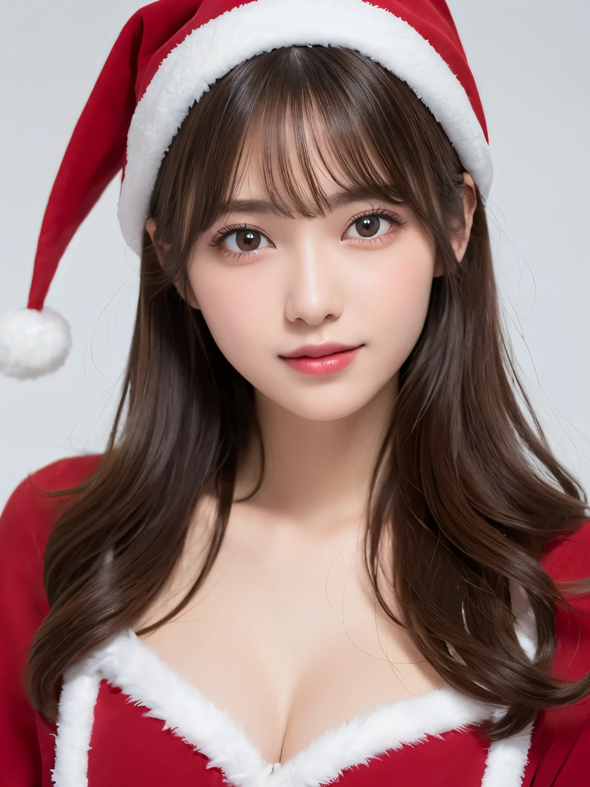 white background, full body portrait, looks very happy, smile, one girl, (a beauty girl, delicate girl:1.3), (20 years old:1.3),  (wear Santa Claus clothes), very fine eyes, (symmetrical eyes:1.3), D cup breasts, brown eyes, parted bangs, short hair, brown hair,  (eyes and faces with detailed:1.0),  (masterpiece, best quality, ultra detailed, detailed face, 8k)