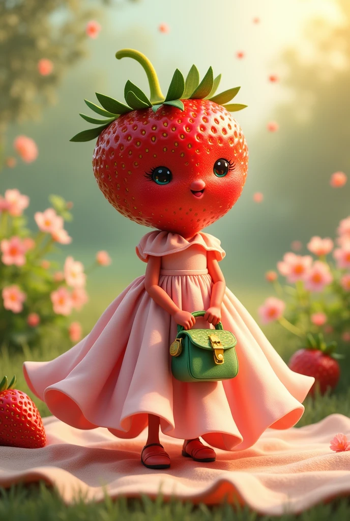 create a strawberry with a woman's dress and a bag, with a cute face, small and sweet eyes