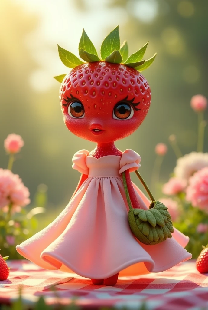 create a strawberry with a woman's dress and a bag, with a cute face, small and sweet eyes