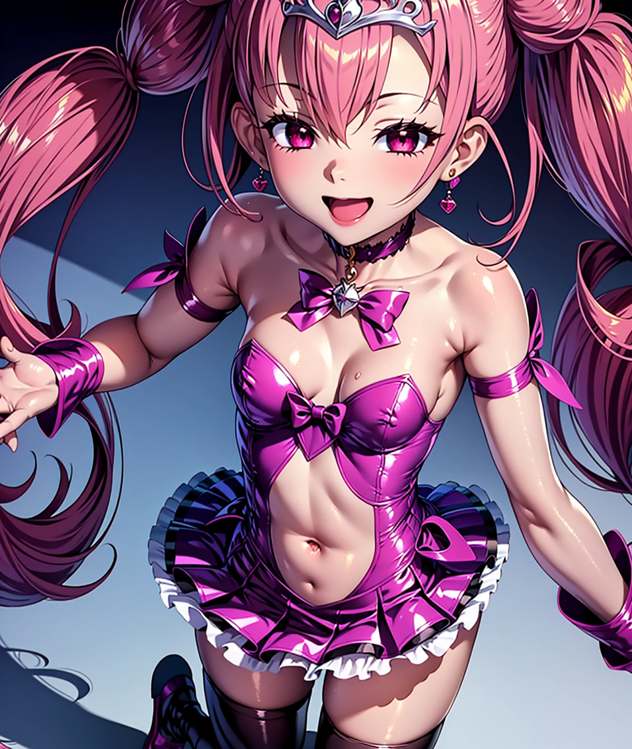 cure happy, low twintails, feather hair ornament, skirt, tiara, wrist cuffs, pink shorts, shorts under skirt, boots, corruption, empty eyes, half-closed eyes, evil smile, no pupils, crazy smile, open mouth, 1girl, milf, married woman, dark magical girl,solo,