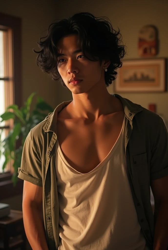 a 25-year-old Japanese and American boy, tall muscular physique, dark short hair and long curly hair, wearing a t-shirt and chemise, photorealistic, hyperdetailed, cinematic lighting, dramatic composition, intricate details, warm color palette, highly detailed facial features, vivid textured skin, masterpiece, best quality, 8k