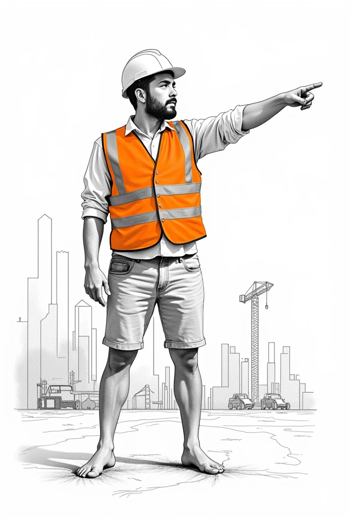 Black and white drawing of a man with a white construction safety helmet and orange reflective vest, bottomless pointing with his finger to the right