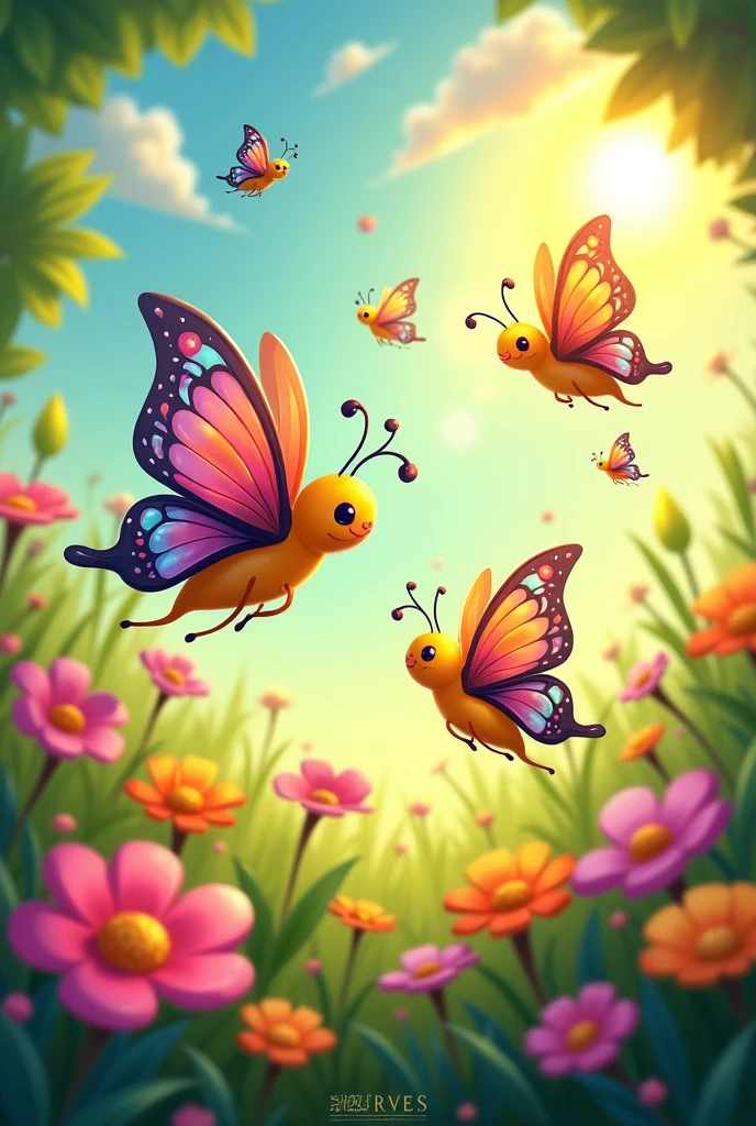 Cartoons for a butterfly story with radiant and happy colors