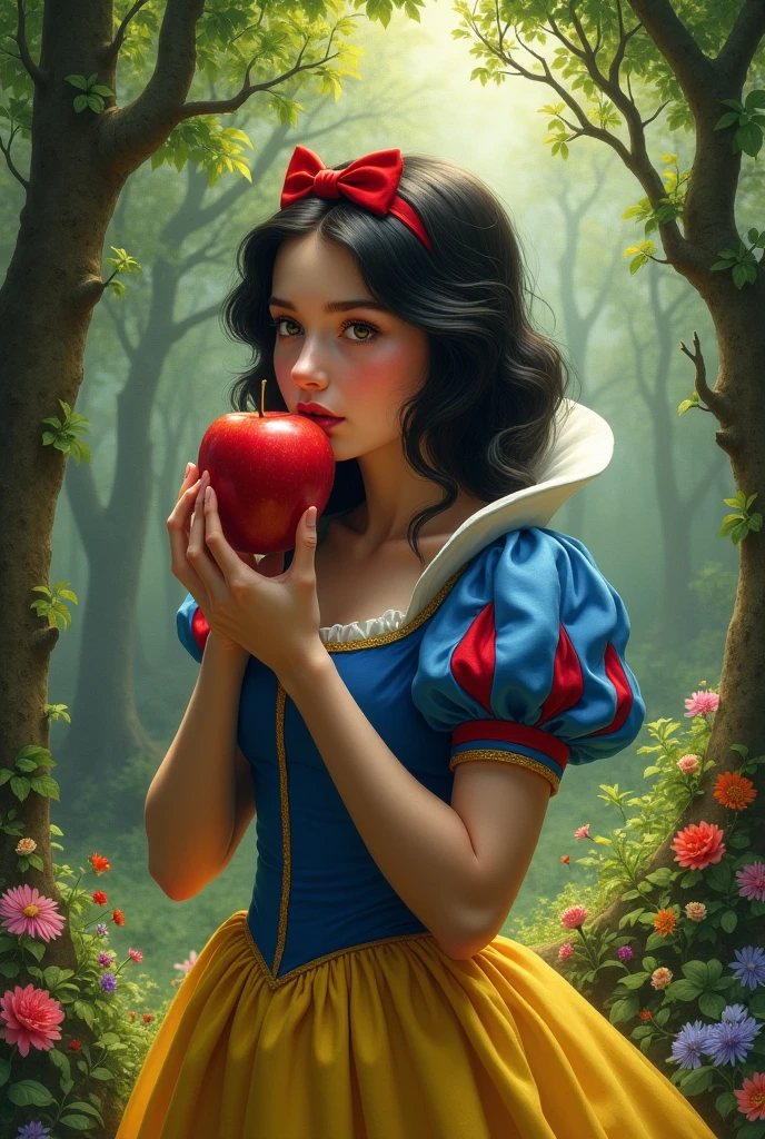 snow white, ultra realisitic, eating an apple