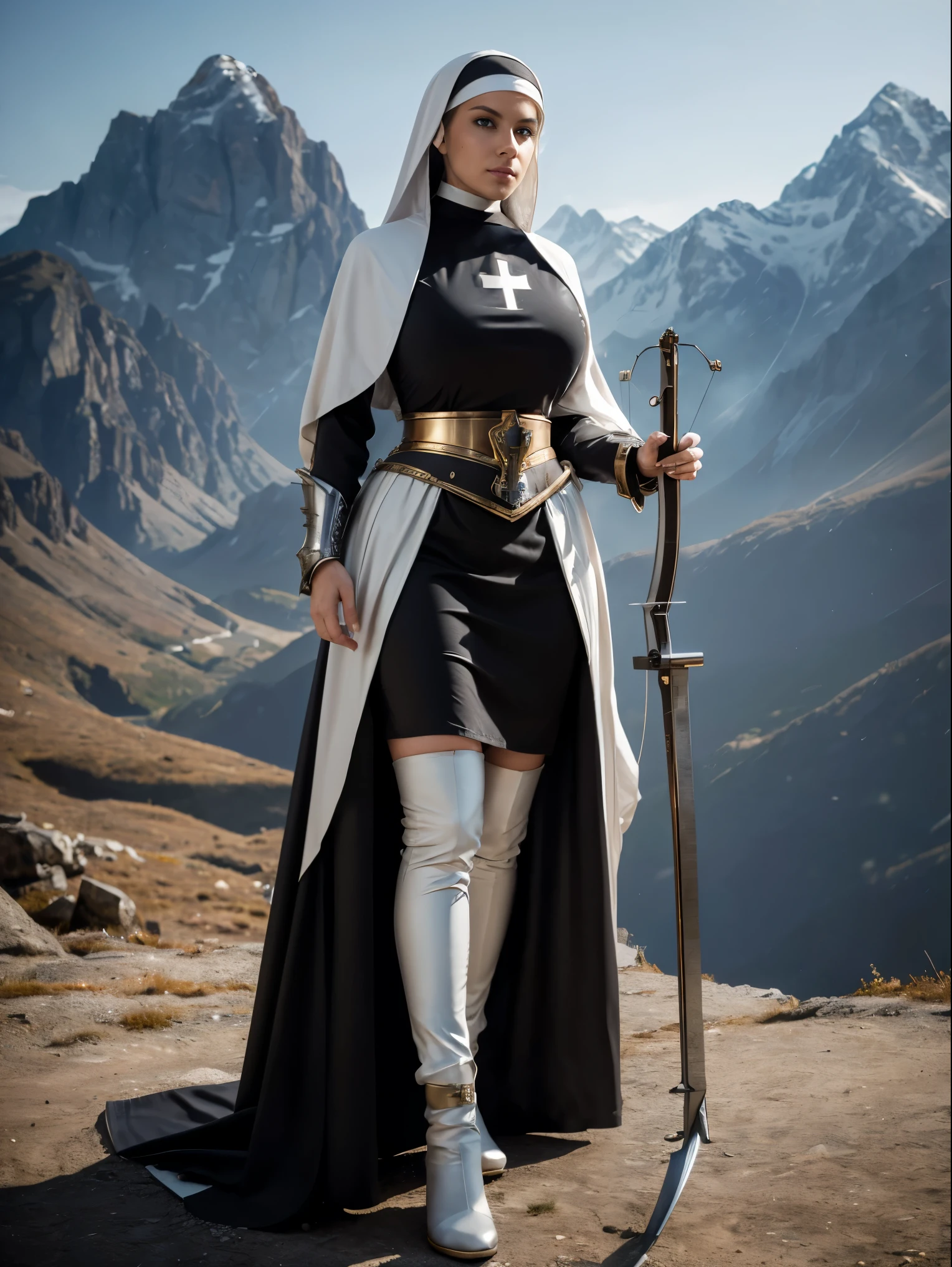 (masterpiece, top quality, best quality, official art, beautiful and aesthetic:1.2), (1girl:1.3), ((Sharp facial features, sharp features, hawkish features)), ((grey eyes)), busty paladin knight girl, extremely detailed, portrait, looking at viewer, solo, (full body:0.6), detailed background, full-body shot, (cold mountain nighttime glacier theme:1.1), holy knight, (nun), charlatan, smirk, mysterious, swaying in mountains, armor, polished metal, gold trim, long boots, white fabric, pelvic curtain, robe, pale leather, ((((nun, crossbow, heavy armor, armored, long legs, robes, prayer scrolls, toned, muscular)))), slim waist, slim hips, long legs, medieval (mountain exterior:1.1) background, dark mysterious lighting, shadows, magical atmosphere, dutch angle