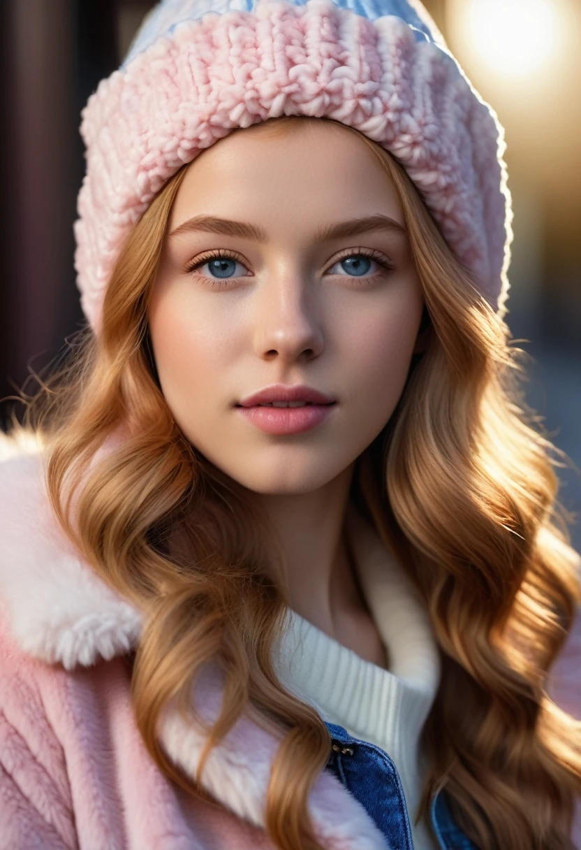 A young lady rs, with long strawberry blonde hair, wavy hair. She is wearing a cropped pink fur coat, with blue jeans. She is wearing a white beanie. Looking directly into the camera. She has tan skin and braces, constricted pupils, parted lips, large breasts, perfect lips, perfect nose, cute face, Hyperrealism, cinematic lighting, jpeg artifacts, bust chart, full body view, bokeh, textured skin, UHD, best quality, masterpiece, high details