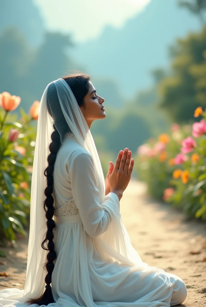 An indian beautiful white young woman wearing white punjabi dress with long thick black hair braided upto her waist and her head covered with veil praying to God on her knees with her hands praising God
