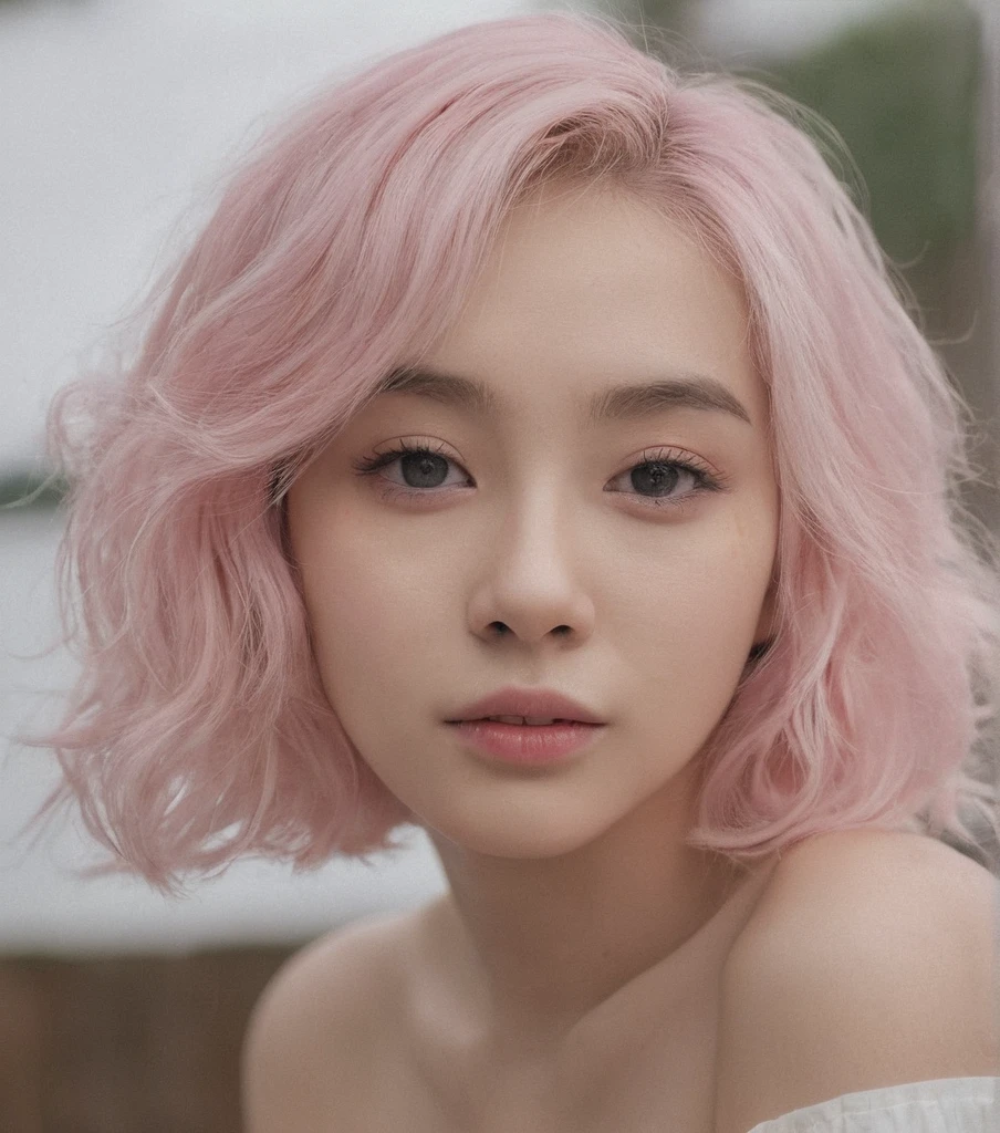 ((Seoul, Korea. Age 20. Beautiful face. Light pink hair. Create a highly detailed portrait of a young woman with light pink hair instead of blonde.)) She has wavy, voluminous hair cascading over her shoulders. ((The woman has a fair complexion and is wearing a white, off-the-shoulder ribbed top, similar to the one in the reference image.)) Her eyes are large and expressive, and her makeup is natural, highlighting her soft features. ((The background should include a wooden fence and an outdoor setting, with soft natural light illuminating her face, replicating the calm and serene mood of the original image.))