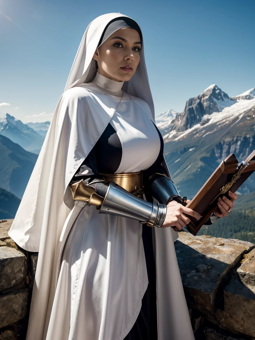 (masterpiece, top quality, best quality, official art, beautiful and aesthetic:1.2), (1girl:1.3), ((Sharp facial features, sharp features, hawkish features)), ((grey eyes)), busty paladin knight girl, extremely detailed, portrait, looking at viewer, solo, (full body:0.6), detailed background, full-body shot, (cold mountain nighttime glacier theme:1.1), holy knight, (nun), charlatan, smirk, mysterious, swaying in mountains, armor, polished metal, gold trim, long boots, white fabric, pelvic curtain, robe, pale leather, ((((nun, crossbow, heavy armor, armored, long legs, robes, prayer scrolls, toned, muscular)))), slim waist, slim hips, long legs, medieval (mountain exterior:1.1) background, dark mysterious lighting, shadows, magical atmosphere, dutch angle