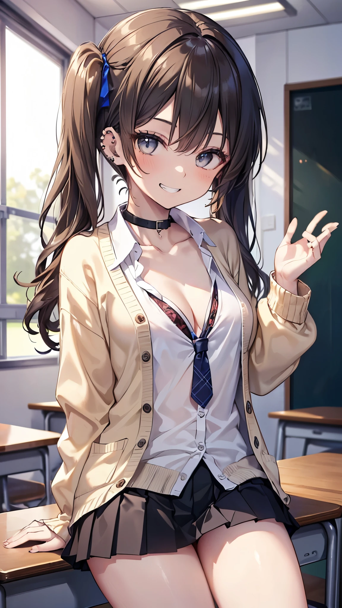 ((masterpiece、Highest quality、Very detailed))、One person、gyaru、Black Hair、Long Hair、twintails、Grey Eyes、evil smile、((Grin))、((lots of piercing))、Small breasts、((White collared shirt))、((clavicle))、cleavage、((lightbrown cardigan))、((Black pleated skirt))、((micro miniskirt))、Cowboy Shot、Classroom Background