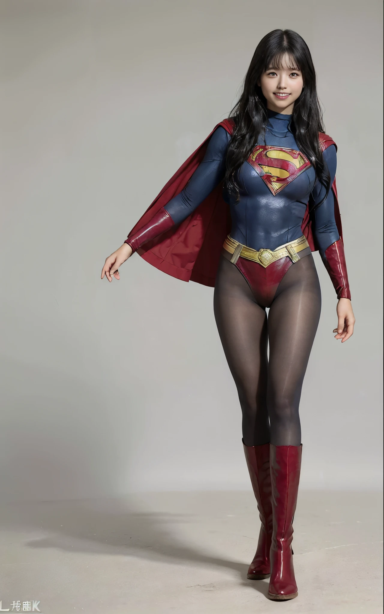 No background、(((Beautiful legs in black tights.)))、(((Legally express the beauty of your smile)))、((((Make the most of your original images)))、(((Supergirl Costume)))、(((Beautiful Hair)))、(((suffering)))、(((Please wear black tights....、Wear red boots)))、((Best image quality、8k))、((Highest quality、8k、masterpiece:1.3))、(((Preserve background )))、Sharp focus:1.2、Beautiful woman with perfect figure:1.4、Slim Abs:1.2、Wet body:1.5、Highly detailed face and skin texture、8k