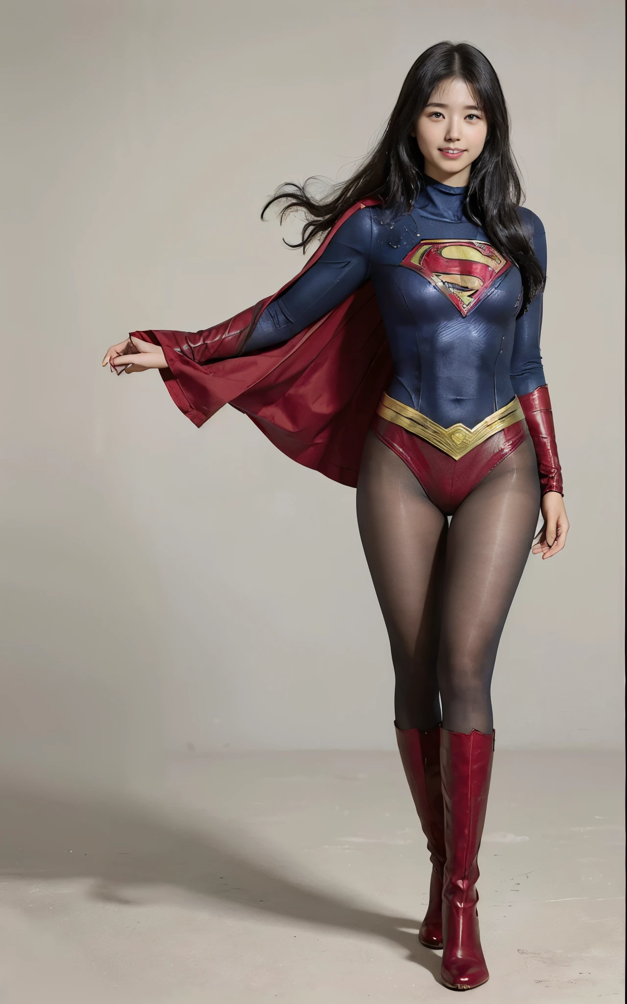 No background、(((Beautiful legs in black tights.)))、(((Legally express the beauty of your smile)))、((((Make the most of your original images)))、(((Supergirl Costume)))、(((Beautiful Hair)))、(((suffering)))、(((Please wear black tights....、Wear red boots)))、((Best image quality、8k))、((Highest quality、8k、masterpiece:1.3))、(((Preserve background )))、Sharp focus:1.2、Beautiful woman with perfect figure:1.4、Slim Abs:1.2、Wet body:1.5、Highly detailed face and skin texture、8k