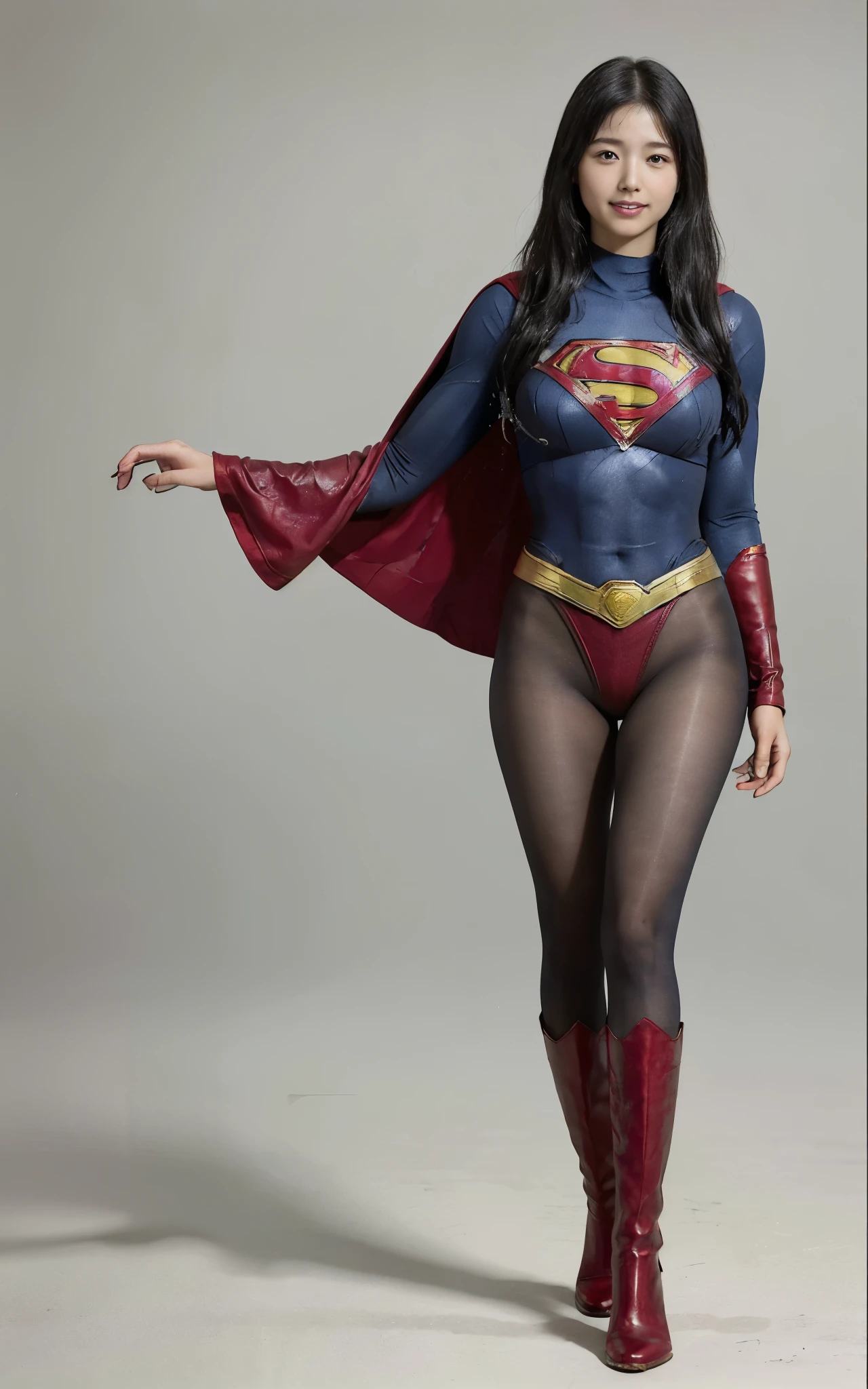 No background、(((Beautiful legs in black tights.)))、(((Legally express the beauty of your smile)))、((((Make the most of your original images)))、(((Supergirl Costume)))、(((Beautiful Hair)))、(((suffering)))、(((Please wear black tights....、Wear red boots)))、((Best image quality、8k))、((Highest quality、8k、masterpiece:1.3))、(((Preserve background )))、Sharp focus:1.2、Beautiful woman with perfect figure:1.4、Slim Abs:1.2、Wet body:1.5、Highly detailed face and skin texture、8k