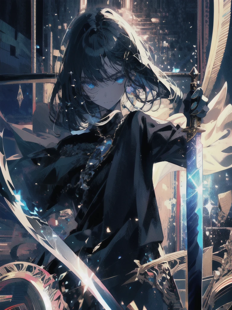 Holding a one-handed sword、Please take the black sword.、((masterpiece, highest quality, Super detailed, High resolution)), alone, beautiful girl, shining eyes, perfect eyes, , black white gold theme,